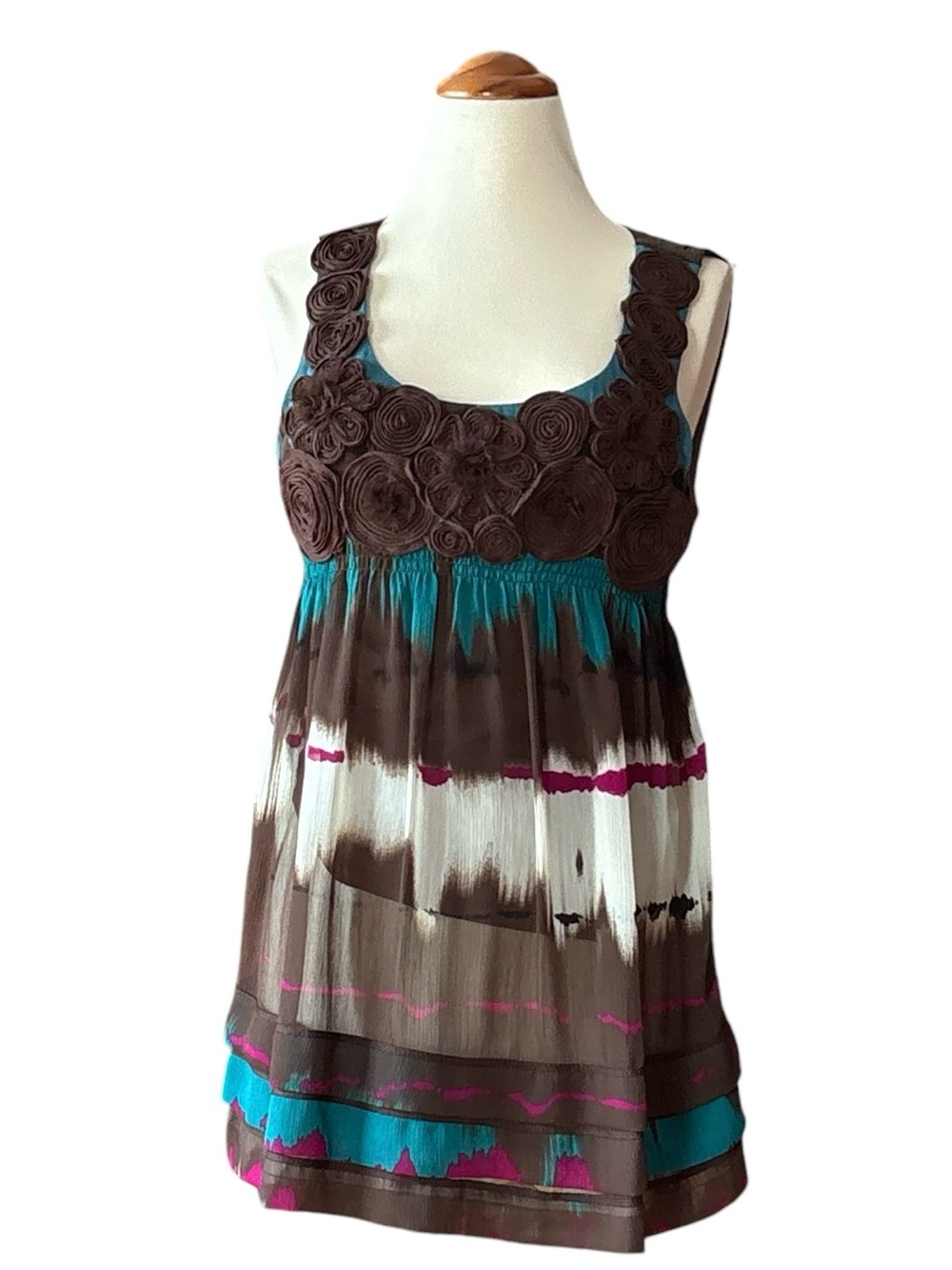 ECI Brown, Teal & Magenta Floral Applique Tie-Dye Tank